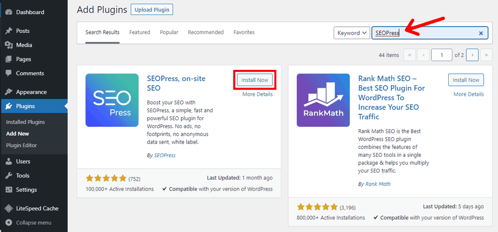 Search and Install Free WordPress Plugin SEOPress