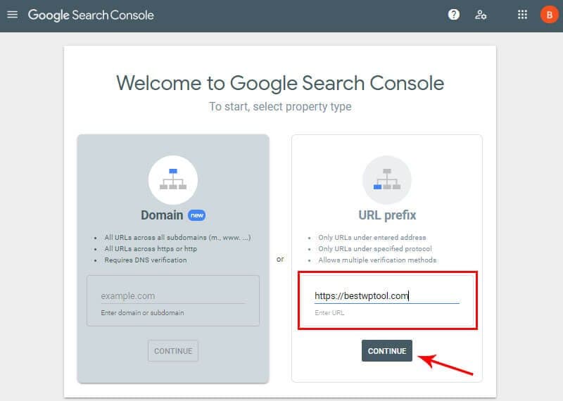 Entering Property with Website URL Prefix on Google Search Console