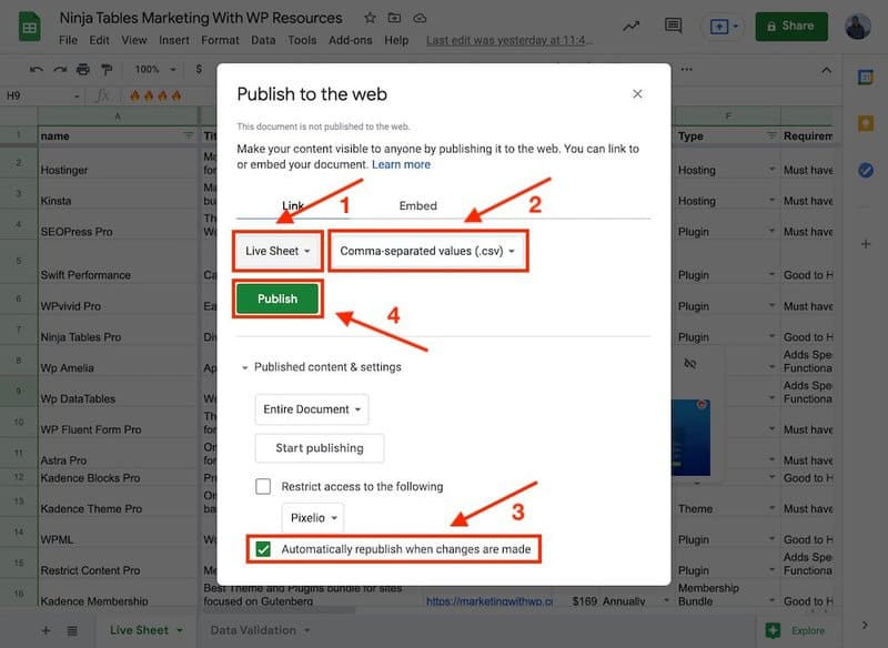 Google Sheets Publish to the Web Options