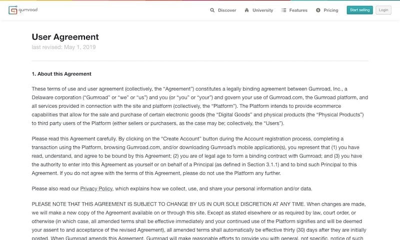 gumroad's terms and condition page