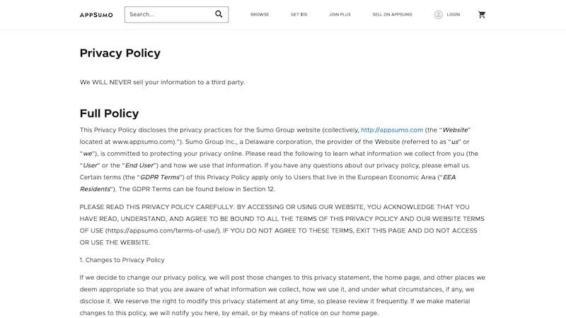 Privacy Policy page example of AppSumo