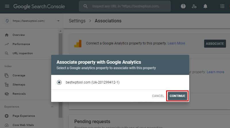 Select Search Console Property to Google Analytics and Continue