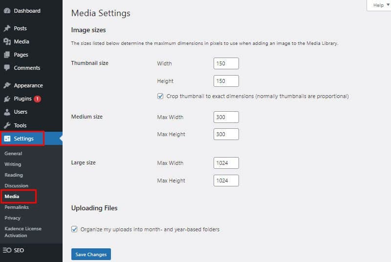 WordPress Media Settings to set Dimensions for Thumbnail, Medium Size, and Large Size Images