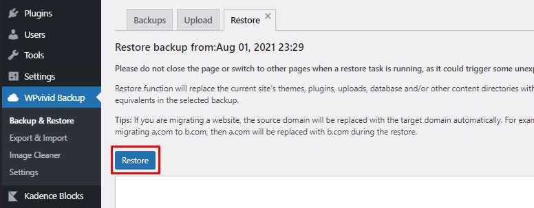 click on restore backup wordpress website
