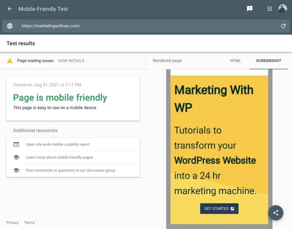 google mobile friendly test result of marketingwithwp website audit and analysis