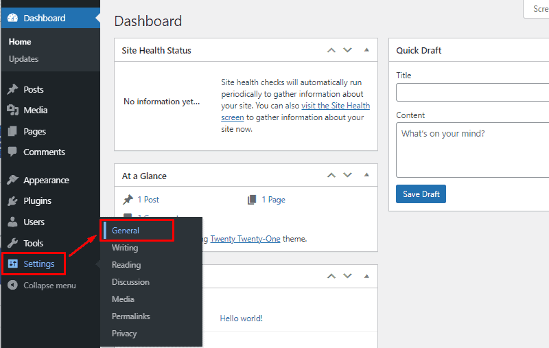 access wordpress general settings