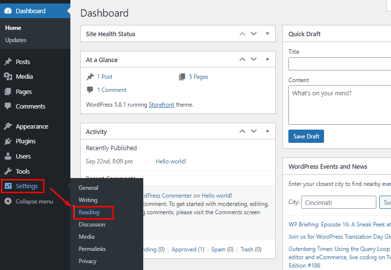 access wordpress reading settings