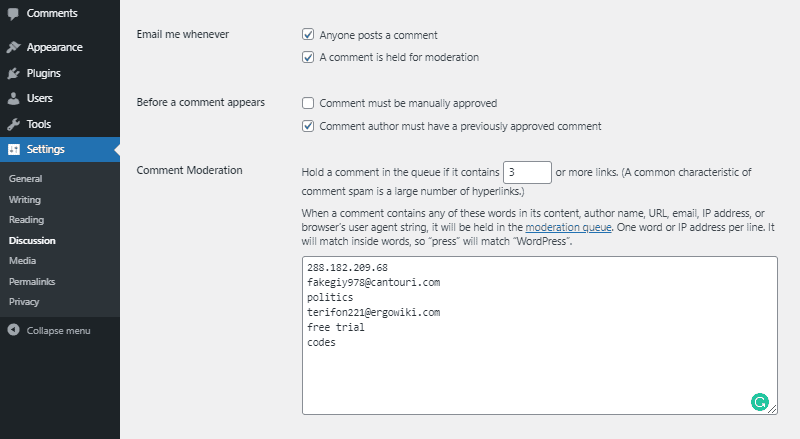 email notification comment moderation and approval wordpress discussion settings