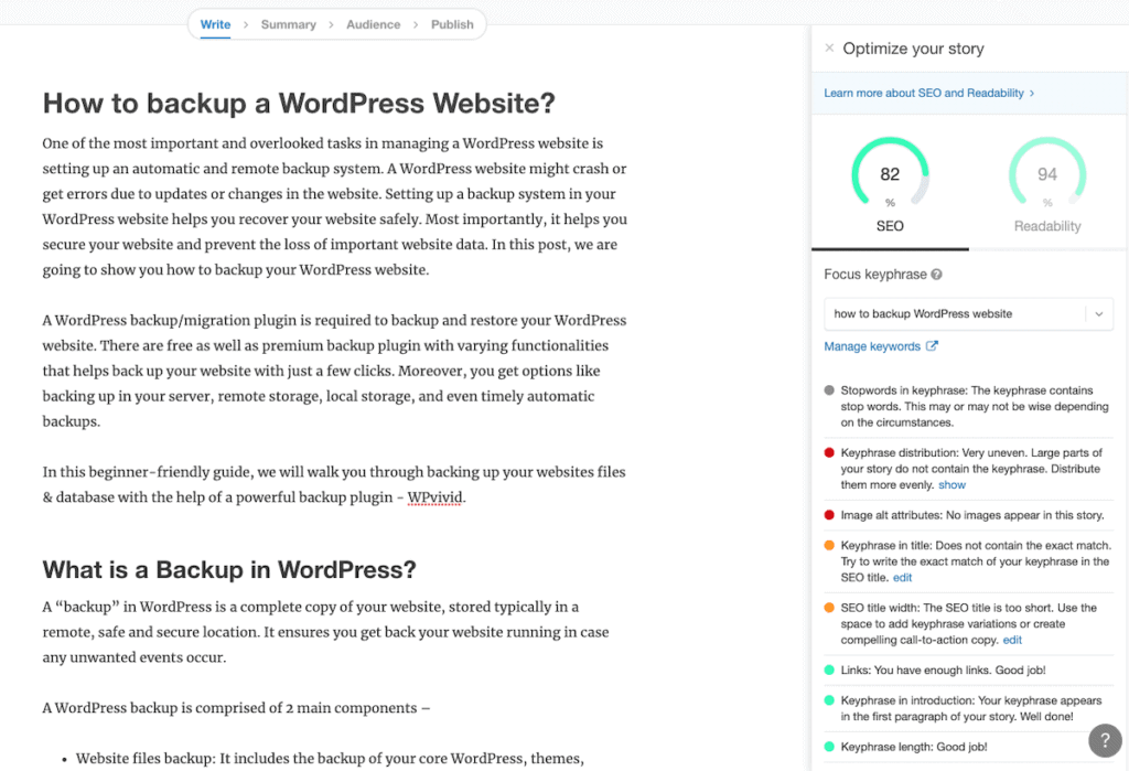 storychief showing on page seo content quality score google ranking factors