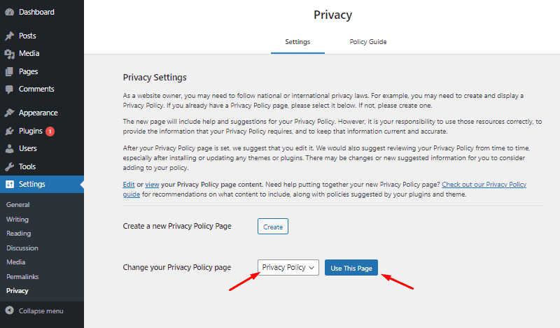 use the privacy policy page wordpress privacy settings