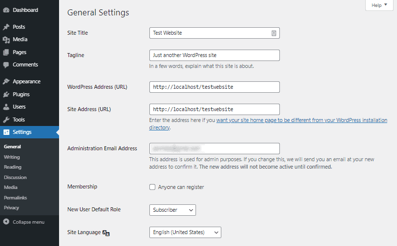 wordpress general settings dashboard part 1