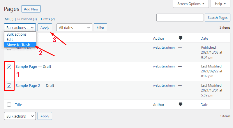 bulk delete wordpress page