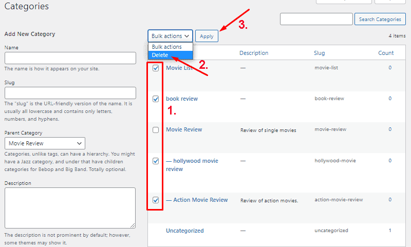 bulk delete wordpress posts categories