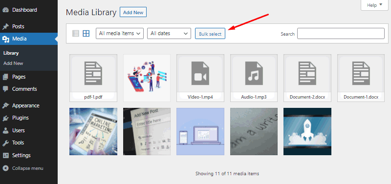 click bulk select wordpress media library delete media