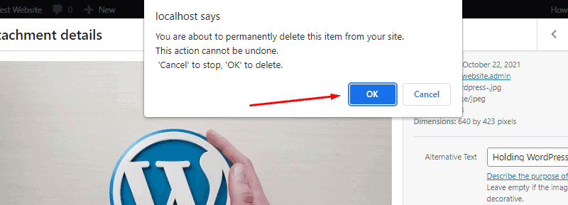 click ok to delete wordpress media