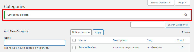 delete message wordpress posts categories