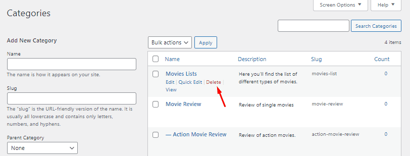 delete wordpress posts categories