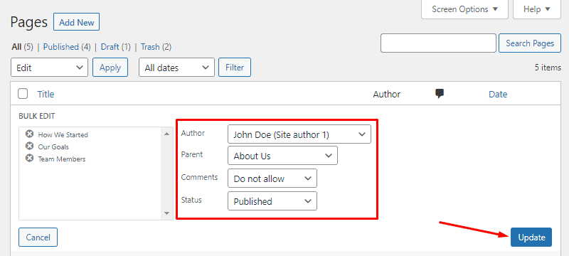 edit the pages and update wordpress bulk edit pages
