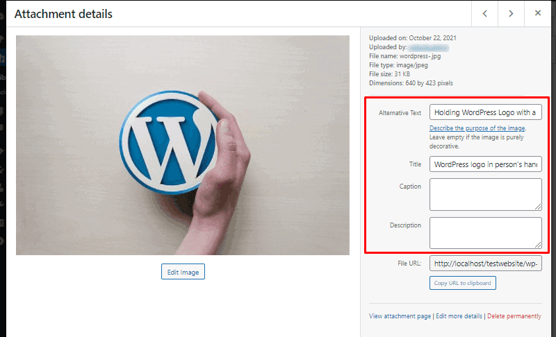 enter image title alt text and meta description wordpress add media