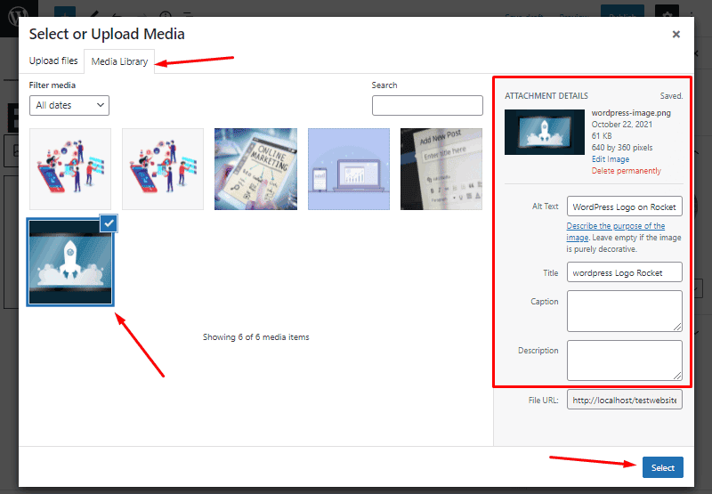 select image to add from library wordpress media