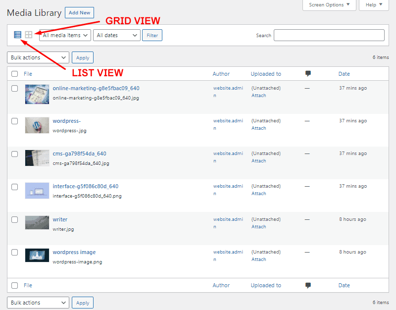 wordpress media library list view