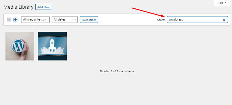 wordpress media library search box