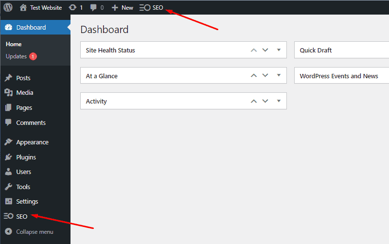 plugin settings seopress in menu and top bar