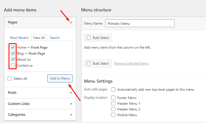 adding pages to menu wordpress menu settings