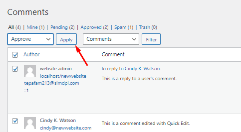 click on apply after approve comments wordpress comment settings
