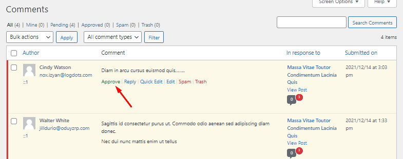 click on approve comment wordpress comment settings