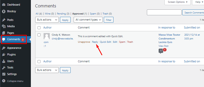 click on reply from the comments screen wordpress comment settings