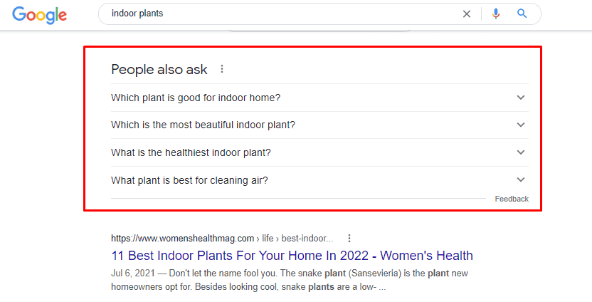 google organic search result people also ask section