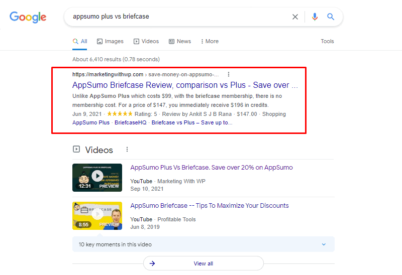 googles organic search result page