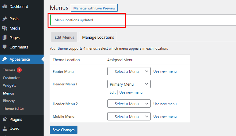 menu location updated wordpress menu settings