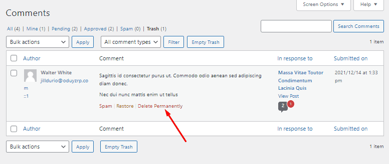 permanently delete comment wordpress comment settings