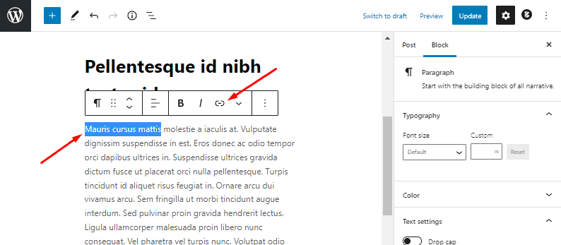 select text to add link in wordpress editor settings