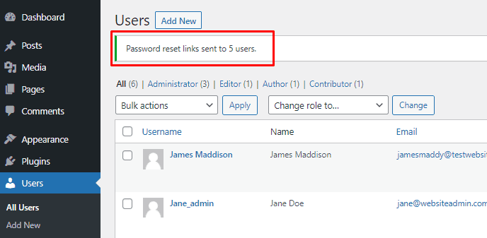 wordpress bulk password reset link sent confirmation message