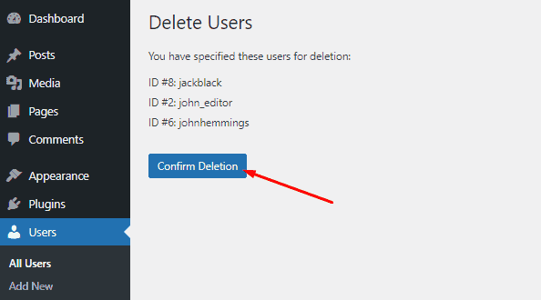 wordpress delete users confirm bulk users deletion