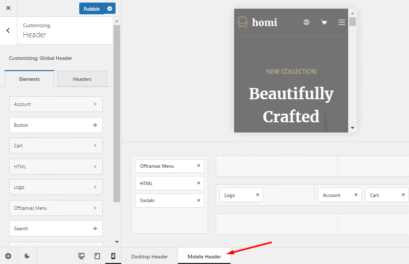 customize blocksy free click on mobile header