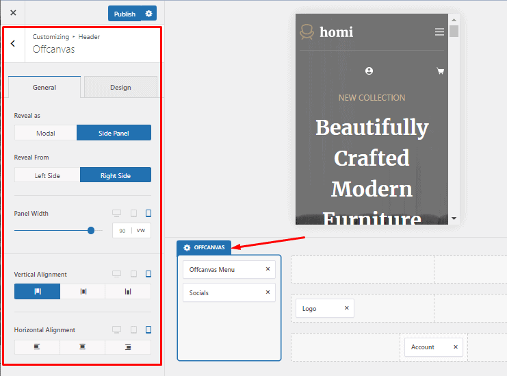 customize blocksy free off canvas mobile menu