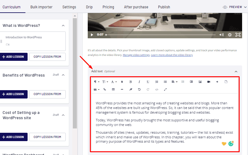 thinkific review add text on the thinkific lesson