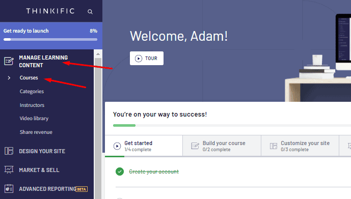 thinkific review go to courses from manage learning content