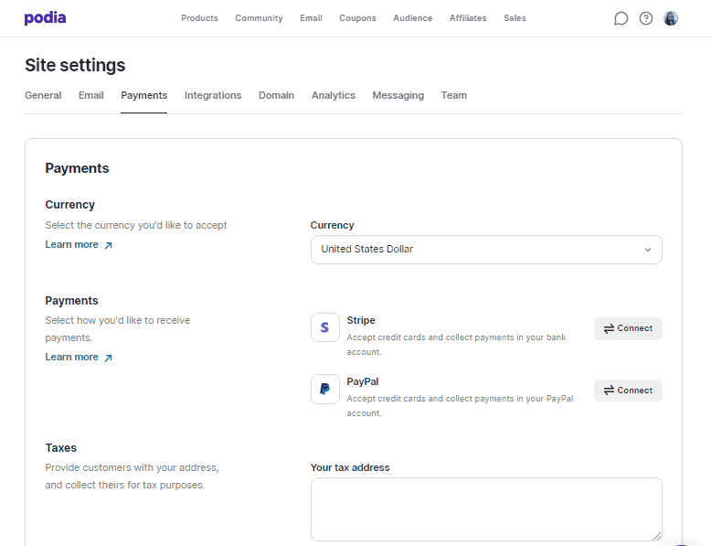 podia review connect paypal or stripe