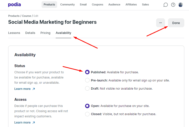 podia review publish the course from availability tab