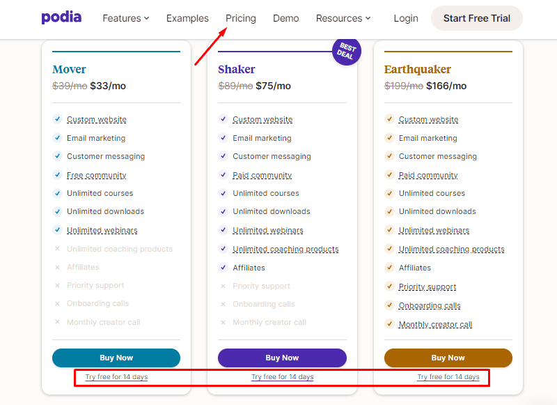 podia review take free trial from the pricing page